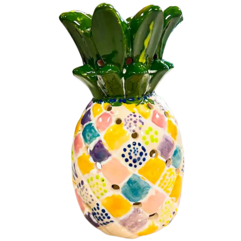 Colorful hand-painted ceramic pineapple lantern made at Hot Spot Studios paint-your-own pottery studio