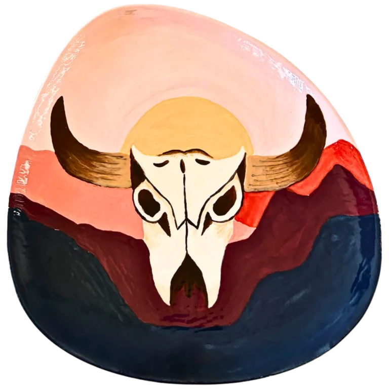 Bright hand-painted pottery, ceramic plate created at Hot Spot Studios craft art