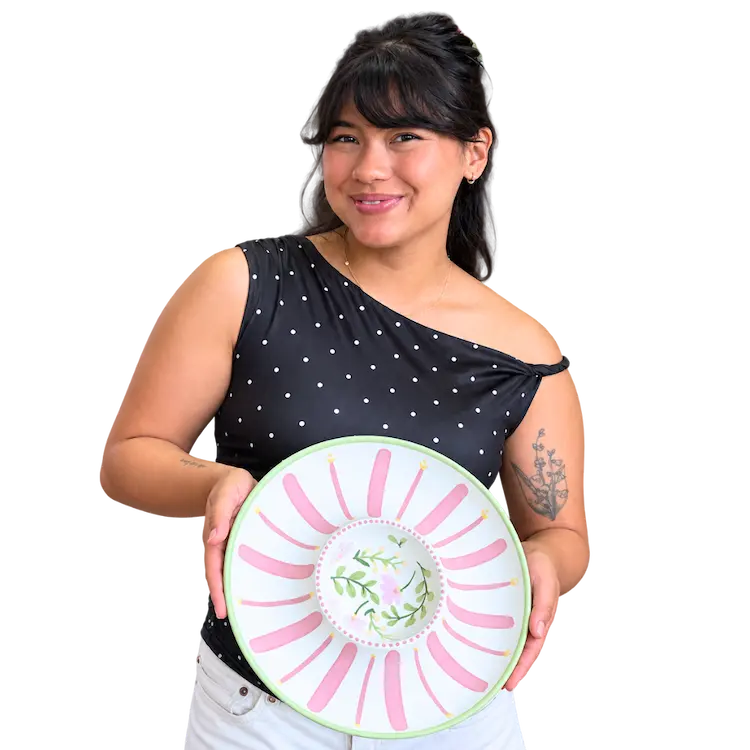 Hand-painted pottery plate made at The Hot Spot Studios pottery painting studio