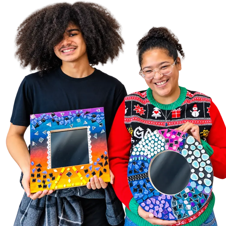 A couple creates colorful mosaic projects together at The Hot Spot Studios