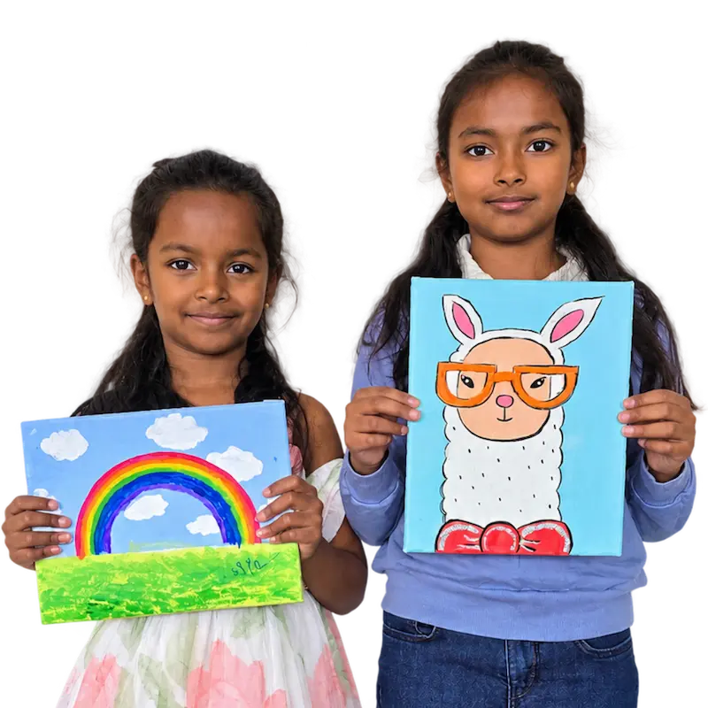 Two girls show off colorful canvas paintings they made at The Hot Spot Studios